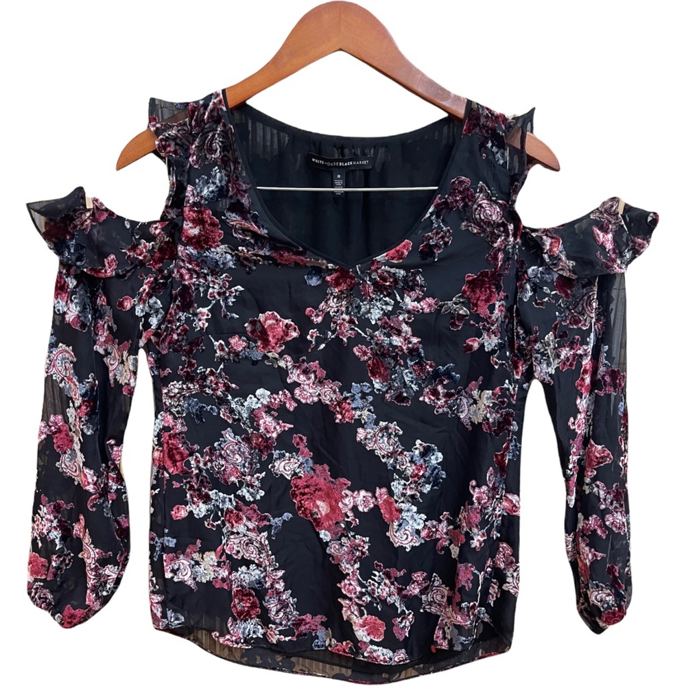 White House Black Market Cold Shoulder V-neck Velvet Burnout Blouse Size 0